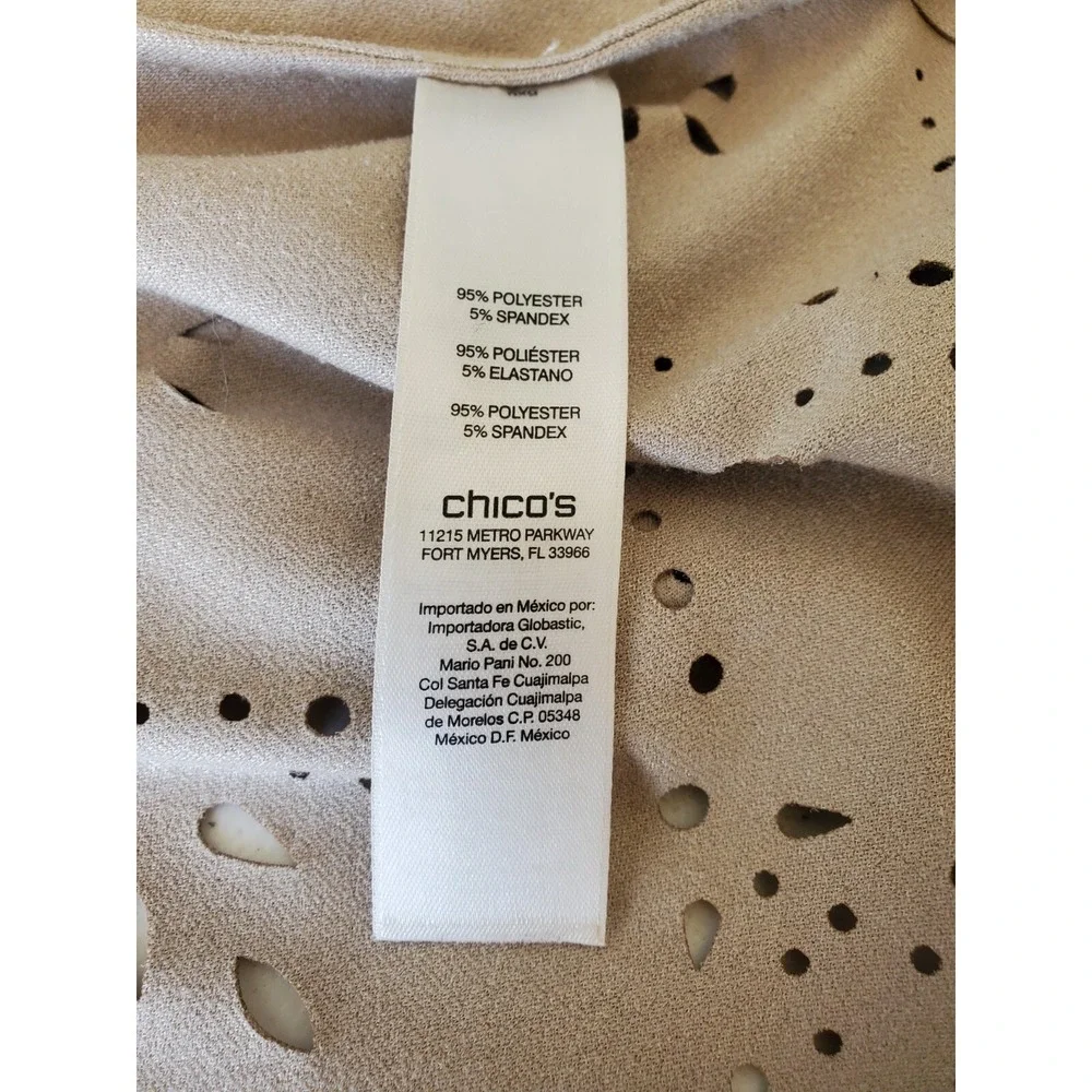Chicos Faux Suede Open Front‎ Cardigan Womens S Tan Laser Cut Scalloped Hem Boho